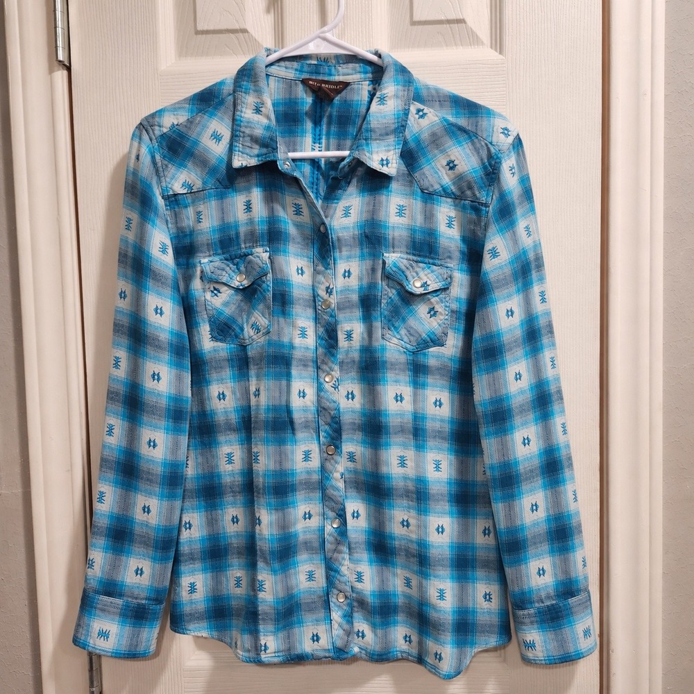 Bit & Bridle Womens XL Blue Plaid Western Snap Button Down Cotton Shirt